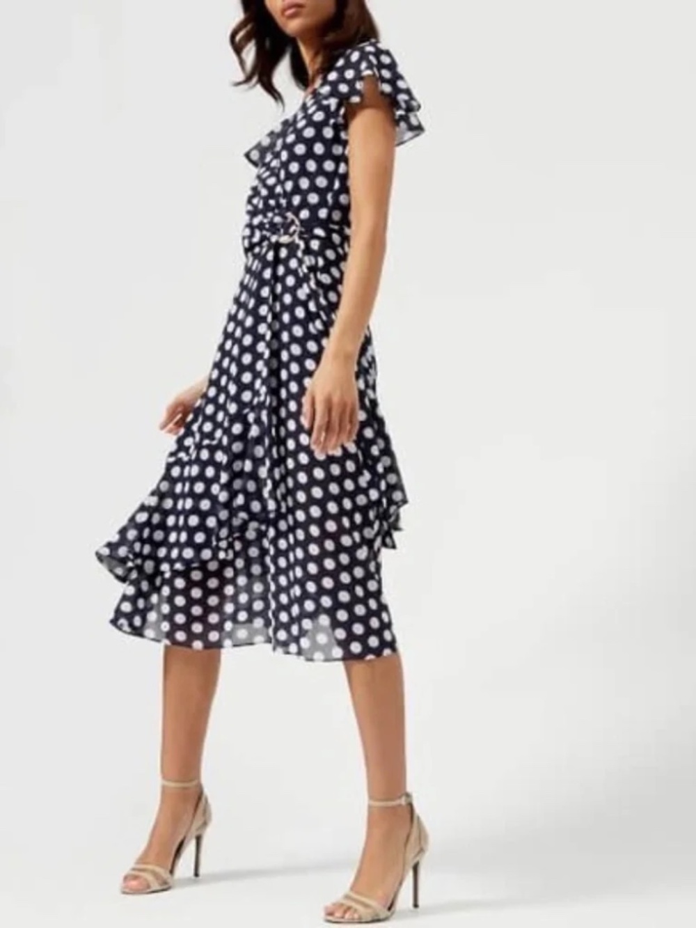 MICHAEL KORS~Black and White~Polka Dot Wrap Midi Dress~Flutter Sleeves~Size P/0